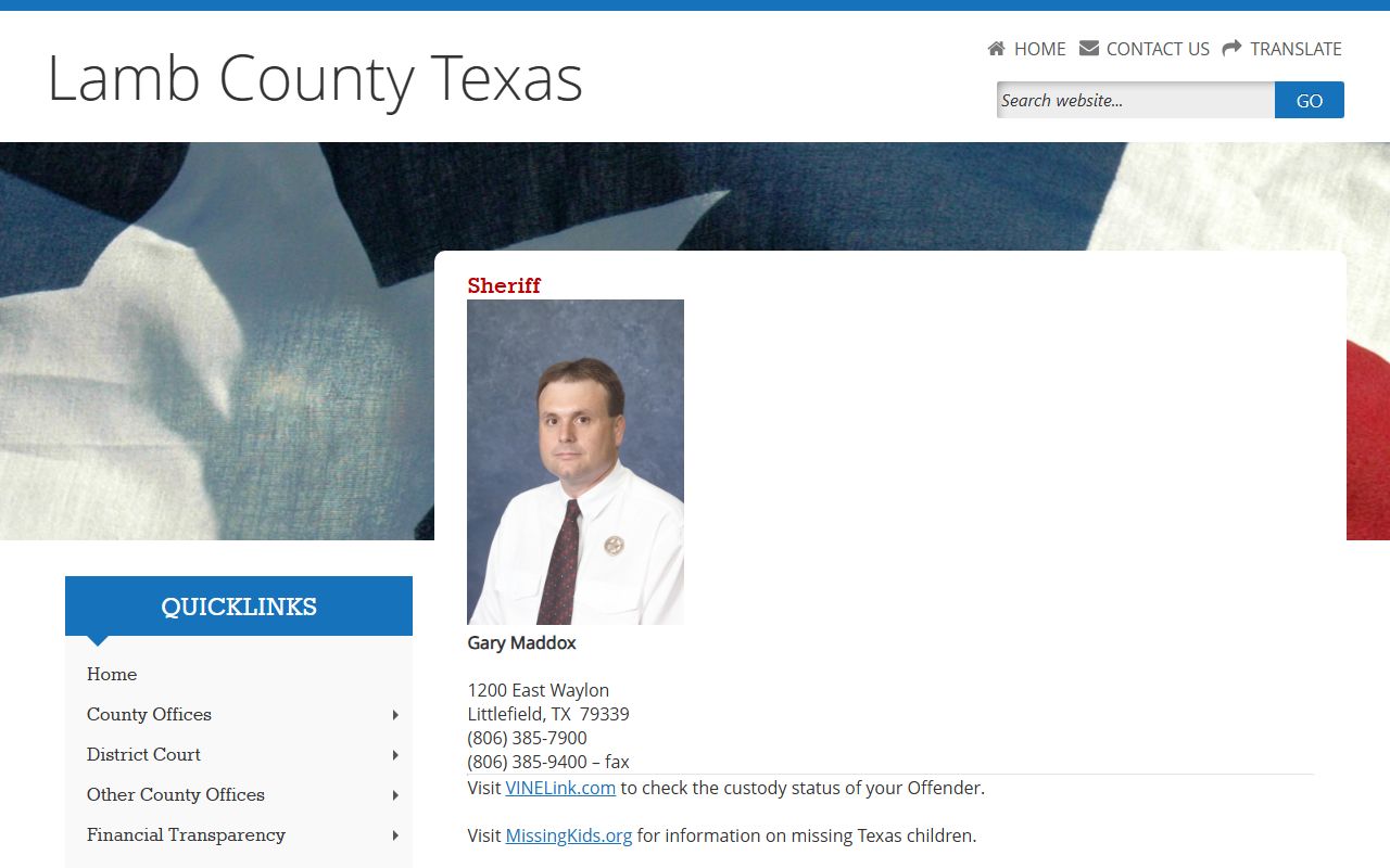 Lamb County Sheriff page listing jail contact details and VINELink reference