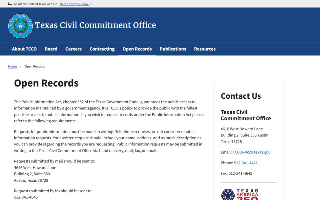 TCCO open-records page for civil commitment records requests