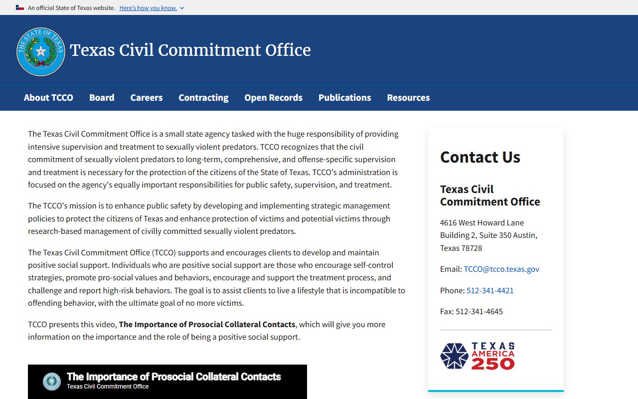 Texas Civil Commitment Office homepage explaining civil commitment supervision and treatment