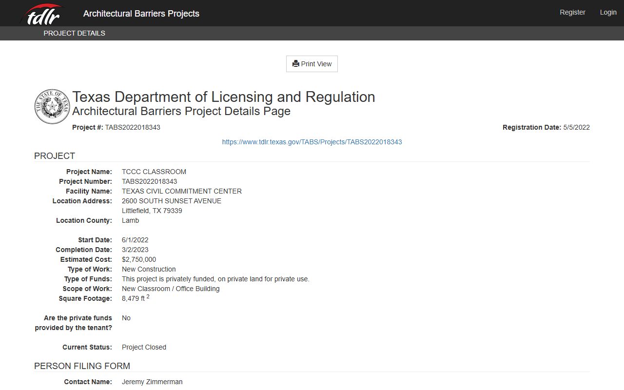 TDLR project record confirming Texas Civil Commitment Center address and phone
